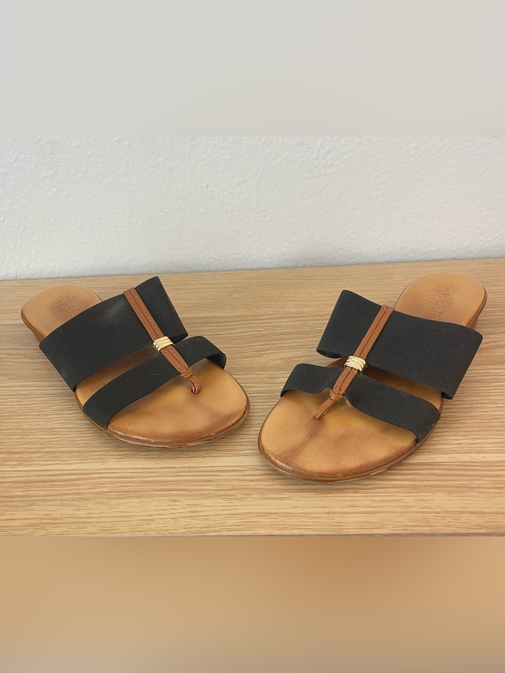 Italian Shoemakers Black and Tan Slide Sandals with Gold Accent